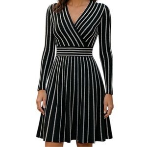 Calvin Klein Black & White Stripe A-Line Surplice Knit Dress Size S